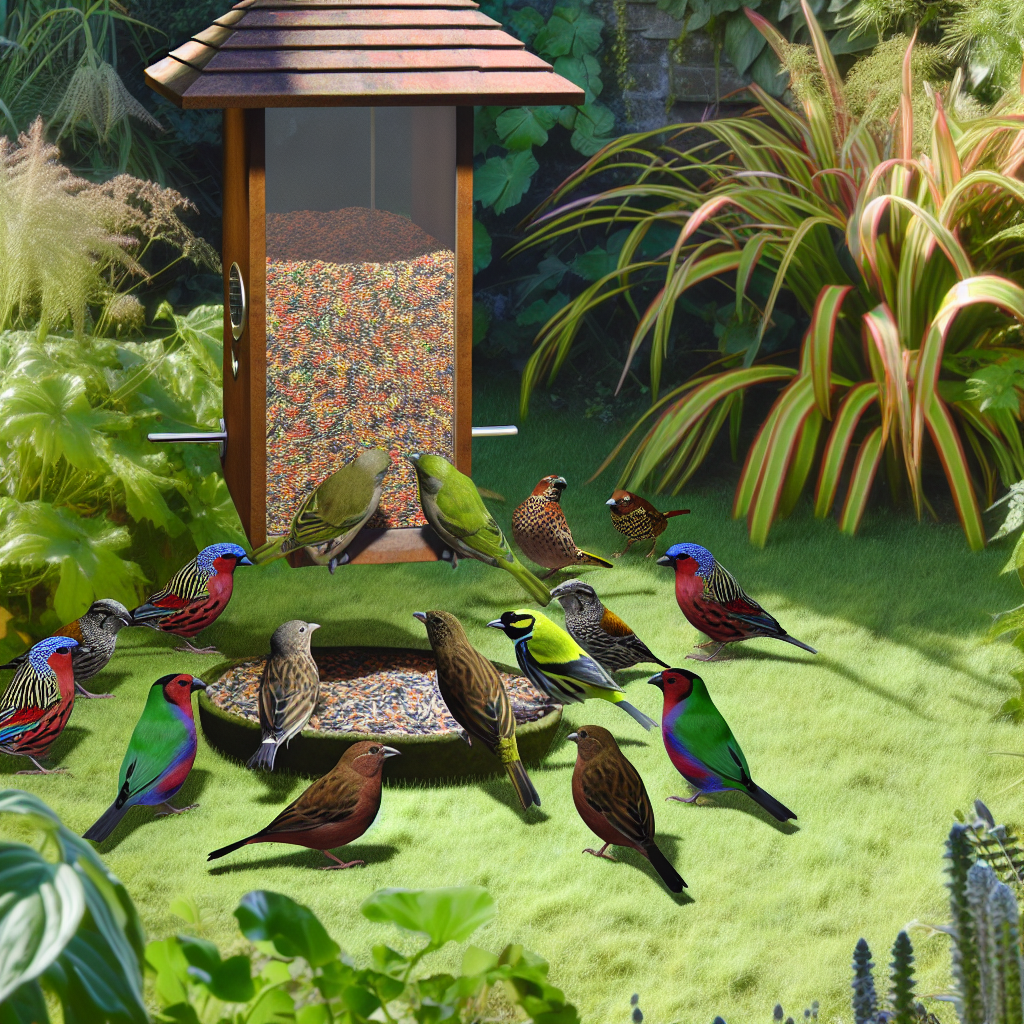 Birds feeding on a well-maintained feeder in a lush yard